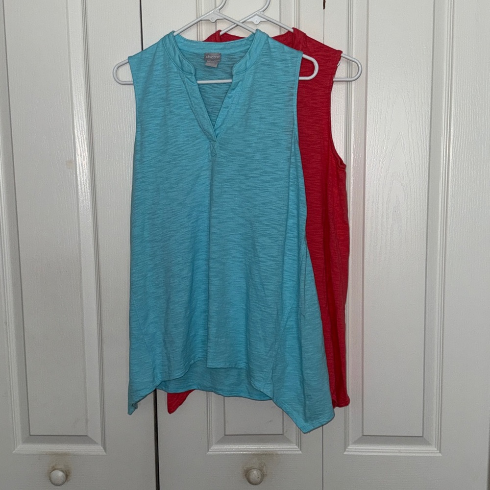 Bundle of Chico’s Sleeveless Tunic Tops – Size 1 (M)- Light Blue and Coral